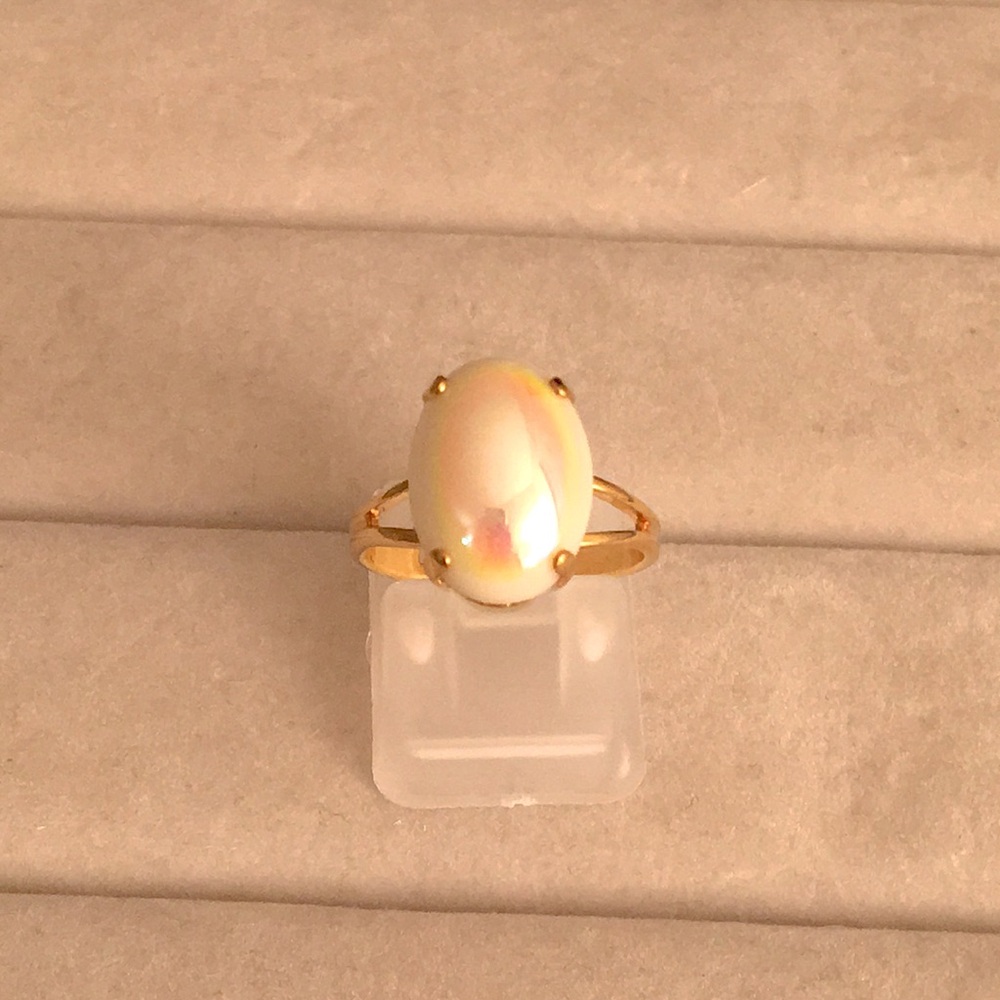White Aurora Borealis Pearlescent Oval Crystal + Gold Ring